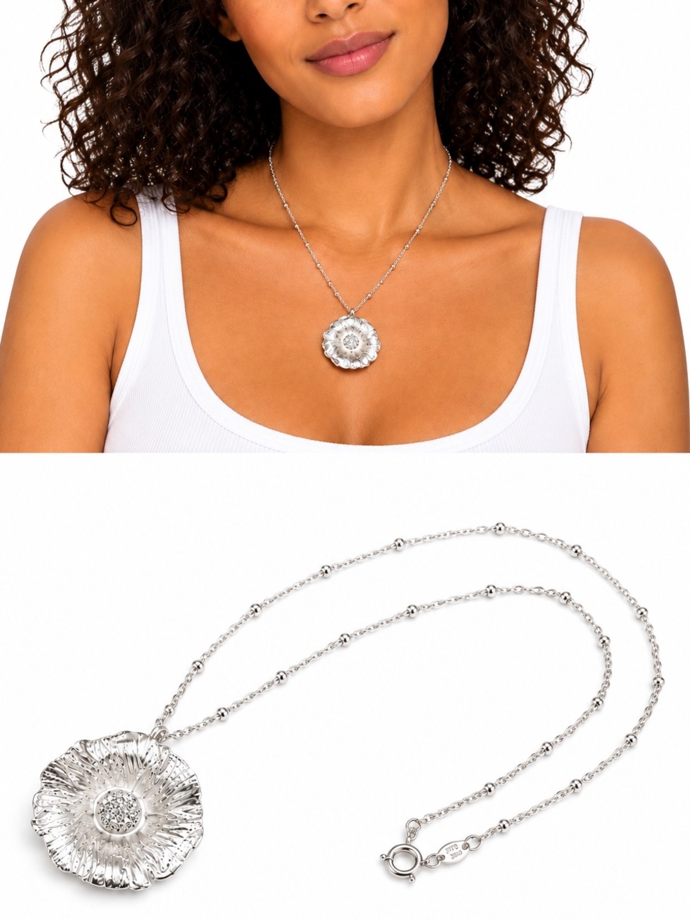 NEW - Handmade .925 Sterling Silver Flower Pendant Necklace 18โ Bead Chain